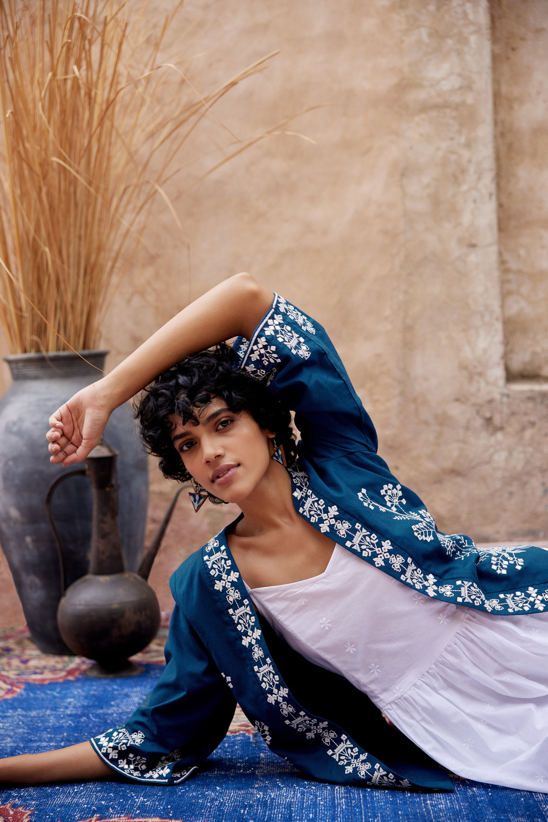 Indigo Blue Embroidered Cotton Jacket, Navy Blue, image 4